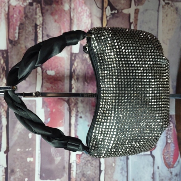 Zara Crystal Studded Black Satin Bag - Picture 3 of 9